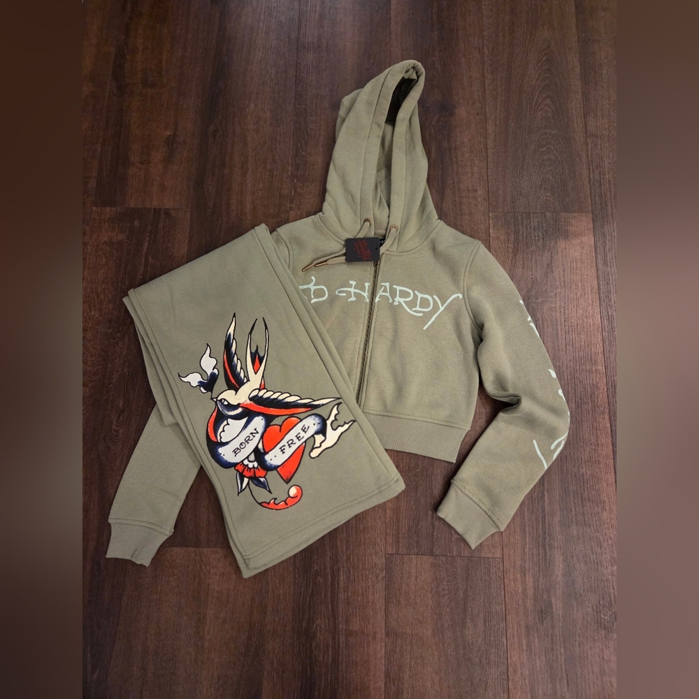 Ed Hardy Olive Green Cropped Hoodie & Graphic Sweatpants Set
